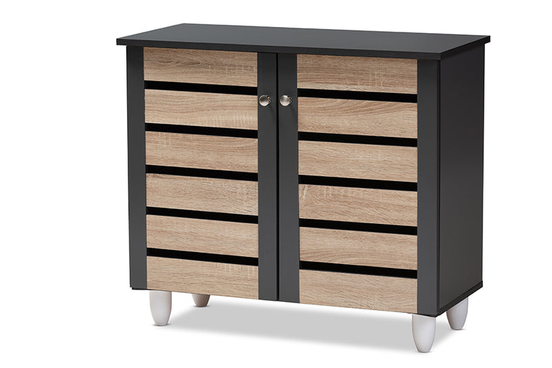 Leola Modern and Contemporary Two-Tone Oak and Dark Gray 2-Door Shoe Storage Cabinet