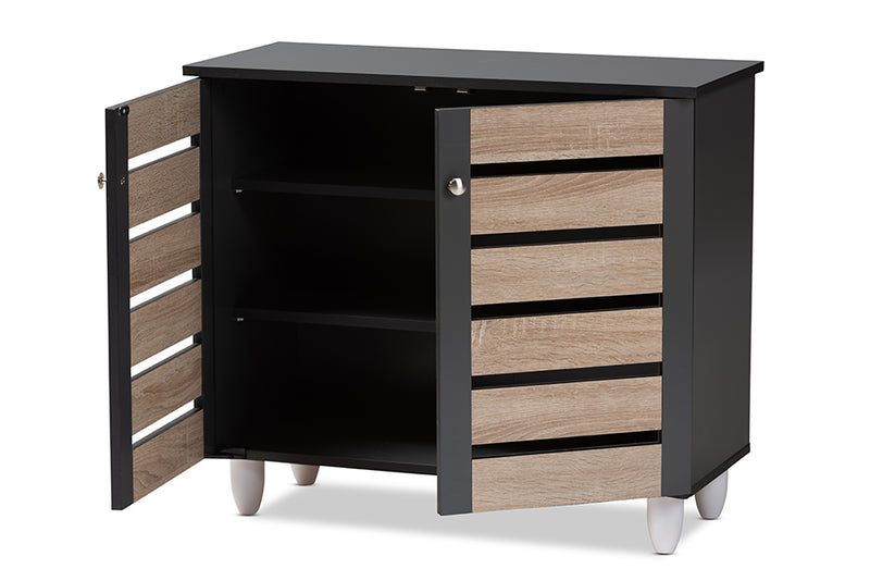 Leola Modern and Contemporary Two-Tone Oak and Dark Gray 2-Door Shoe Storage Cabinet