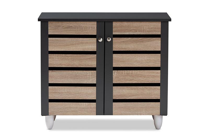 Leola Modern and Contemporary Two-Tone Oak and Dark Gray 2-Door Shoe Storage Cabinet