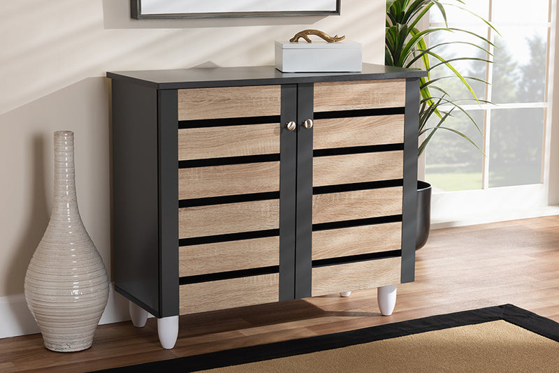 Leola Modern and Contemporary Two-Tone Oak and Dark Gray 2-Door Shoe Storage Cabinet