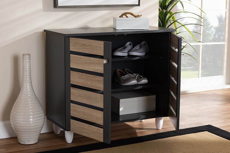 Leola Modern and Contemporary Two-Tone Oak and Dark Gray 2-Door Shoe Storage Cabinet