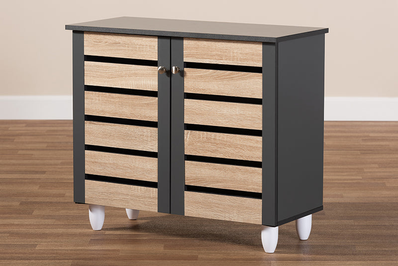 Leola Modern and Contemporary Two-Tone Oak and Dark Gray 2-Door Shoe Storage Cabinet