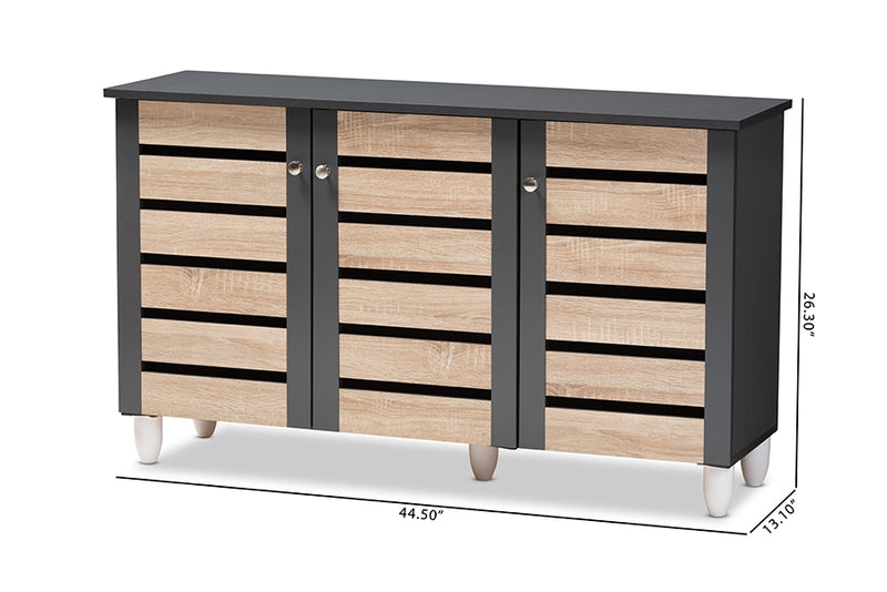 Leola Modern and Contemporary Two-Tone Oak and Dark Gray 3-Door Shoe Storage Cabinet