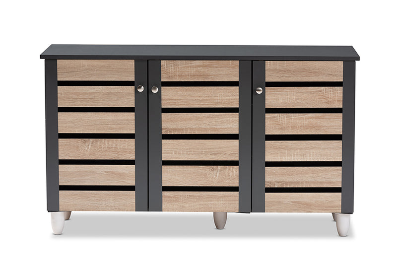 Leola Modern and Contemporary Two-Tone Oak and Dark Gray 3-Door Shoe Storage Cabinet