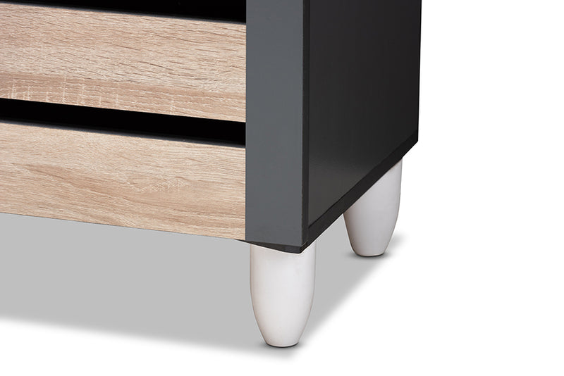 Leola Modern and Contemporary Two-Tone Oak and Dark Gray 3-Door Shoe Storage Cabinet