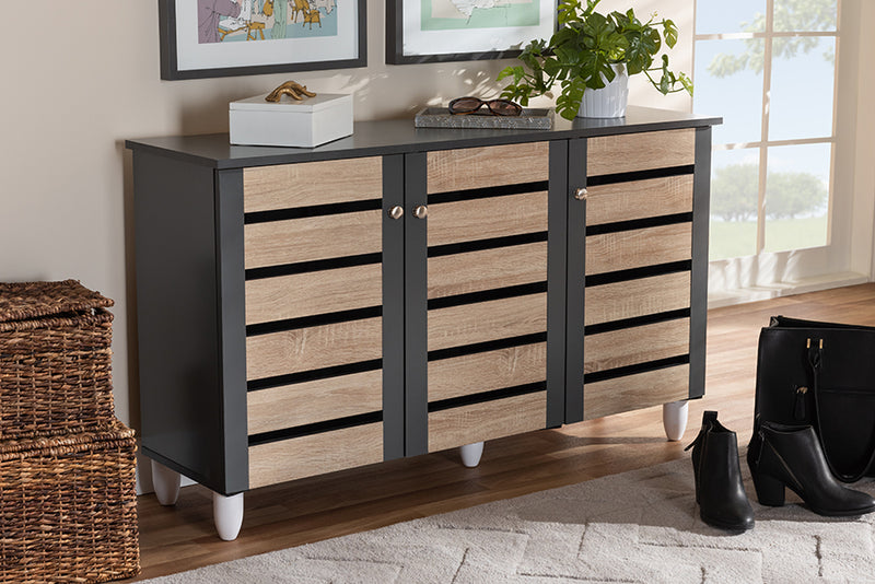 Leola Modern and Contemporary Two-Tone Oak and Dark Gray 3-Door Shoe Storage Cabinet