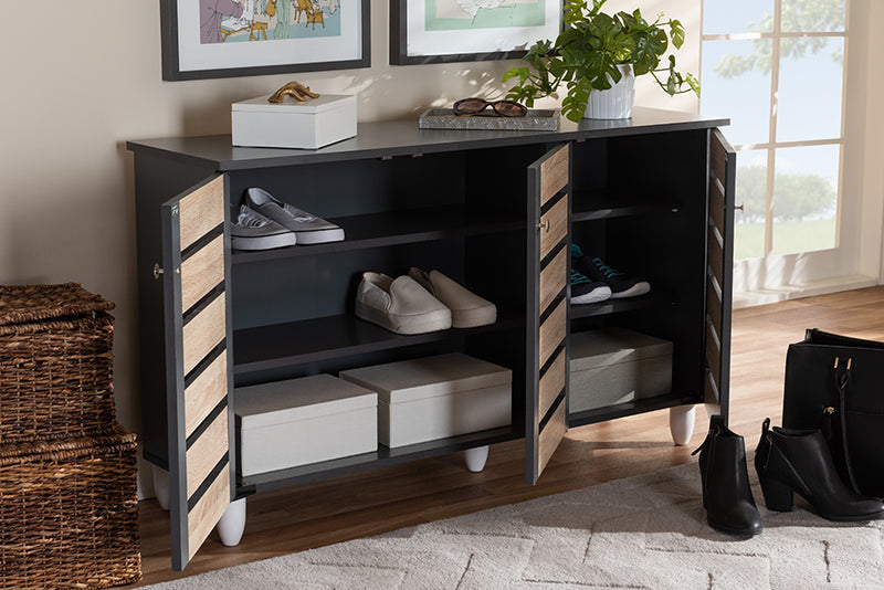 Leola Modern and Contemporary Two-Tone Oak and Dark Gray 3-Door Shoe Storage Cabinet