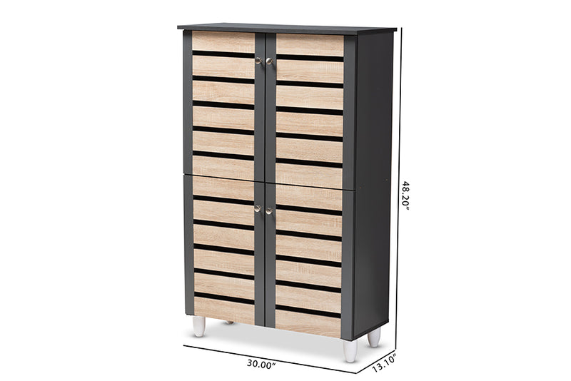 Leola Modern and Contemporary Two-Tone Oak and Dark Gray 4-Door Shoe Storage Cabinet