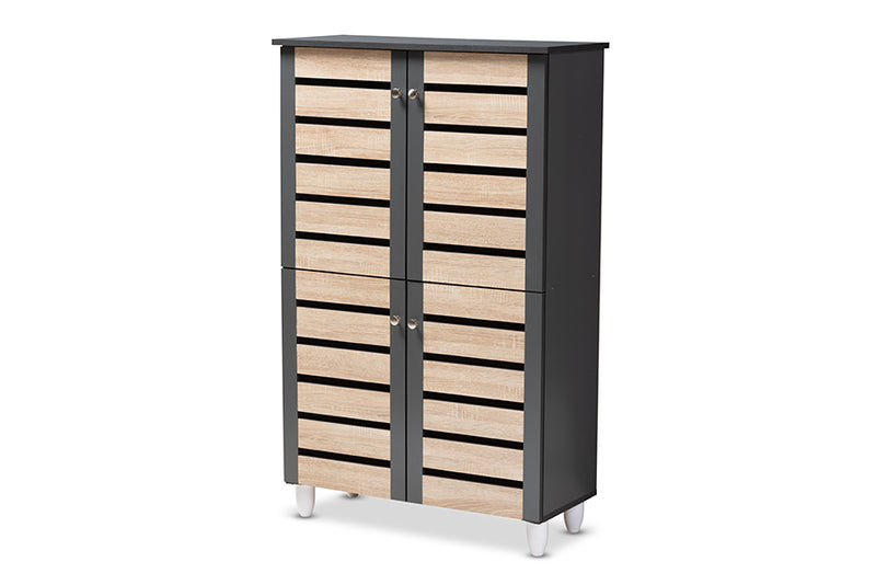 Leola Modern and Contemporary Two-Tone Oak and Dark Gray 4-Door Shoe Storage Cabinet