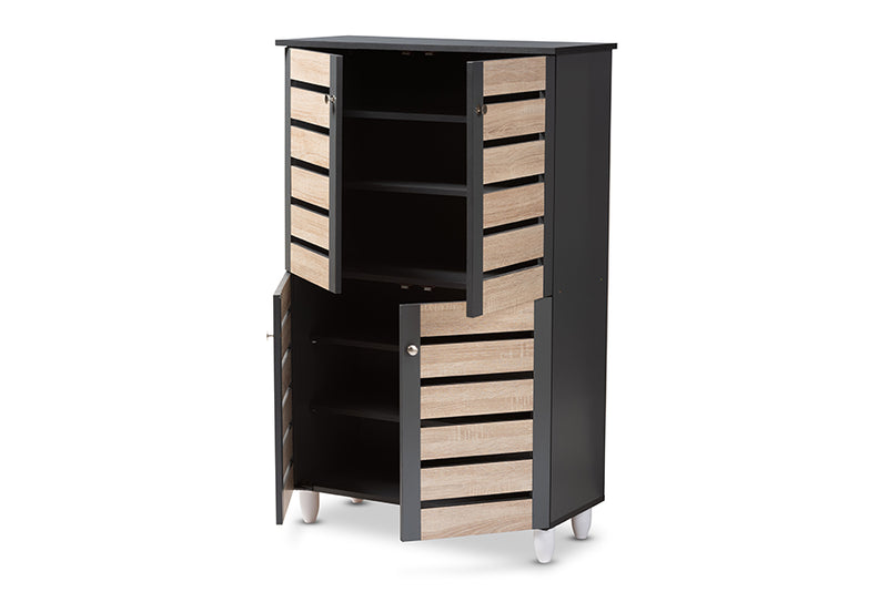 Leola Modern and Contemporary Two-Tone Oak and Dark Gray 4-Door Shoe Storage Cabinet