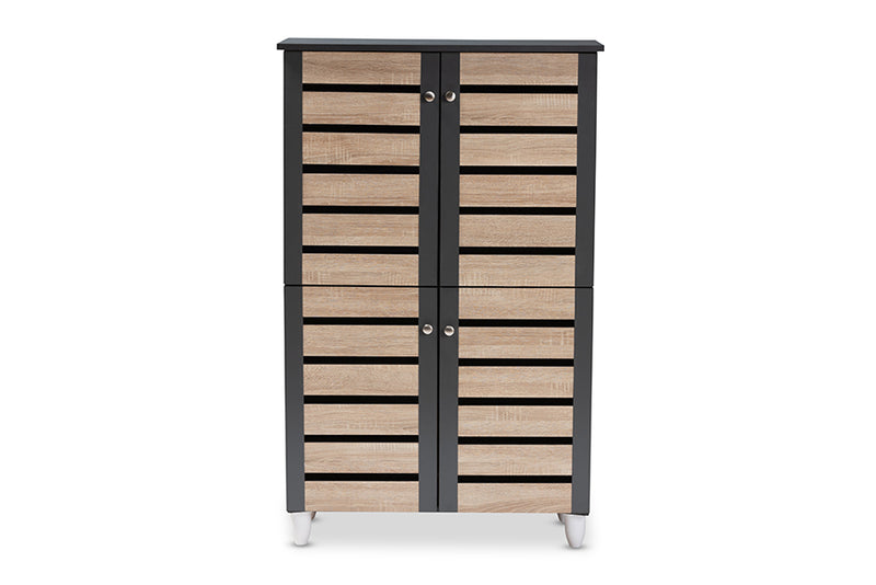 Leola Modern and Contemporary Two-Tone Oak and Dark Gray 4-Door Shoe Storage Cabinet