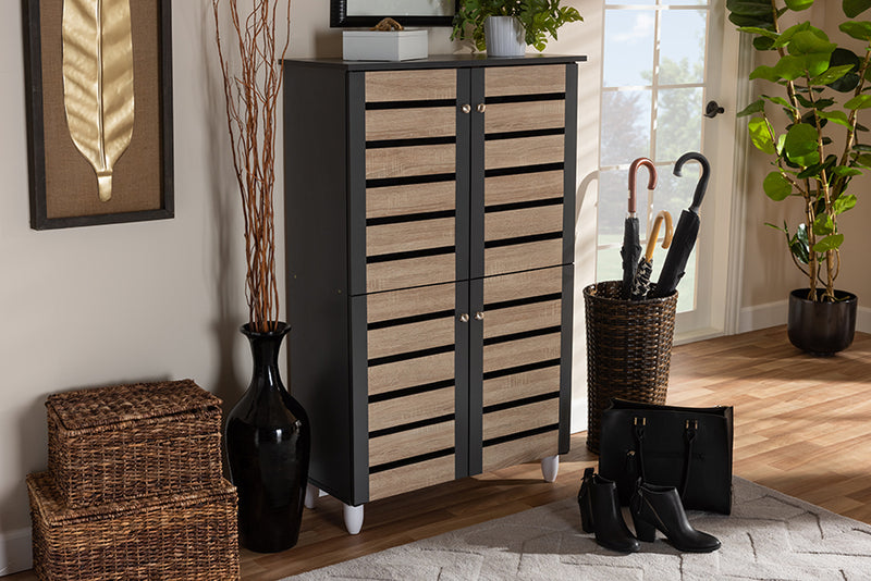 Leola Modern and Contemporary Two-Tone Oak and Dark Gray 4-Door Shoe Storage Cabinet