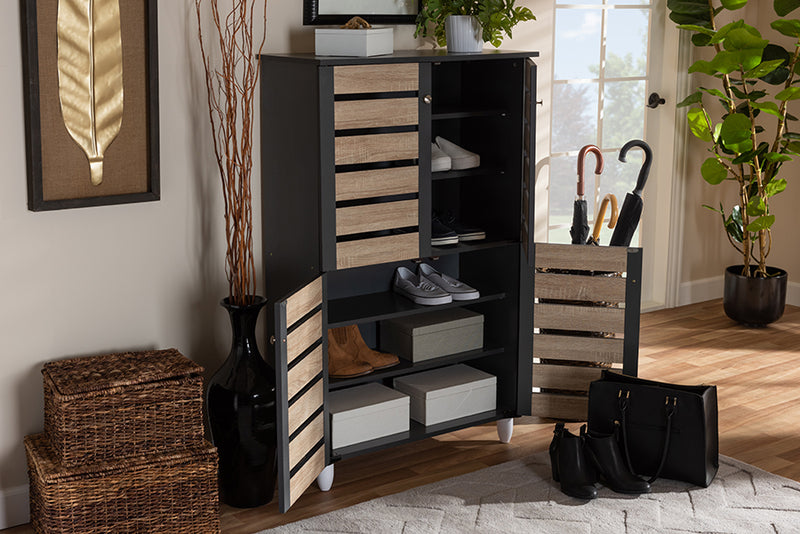 Leola Modern and Contemporary Two-Tone Oak and Dark Gray 4-Door Shoe Storage Cabinet