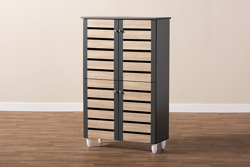 Leola Modern and Contemporary Two-Tone Oak and Dark Gray 4-Door Shoe Storage Cabinet