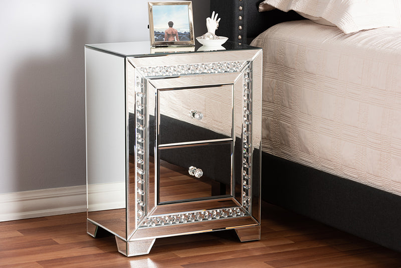 Sahar Modern and Contemporary Hollywood Regency Glamour Style Mirrored 2-Drawer End Table