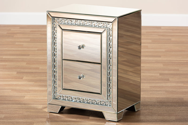 Sahar Modern and Contemporary Hollywood Regency Glamour Style Mirrored 2-Drawer End Table