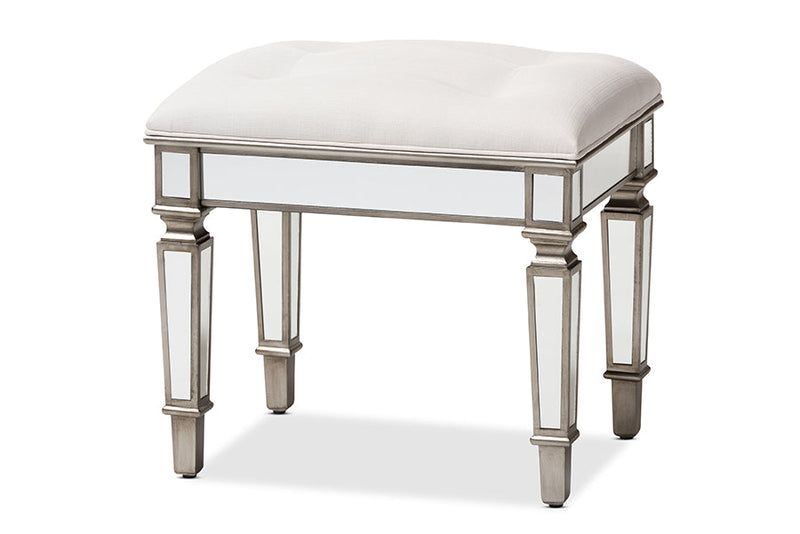 Jana Off White Fabric Upholstered Mirrored Ottoman Vanity Bench Baxton