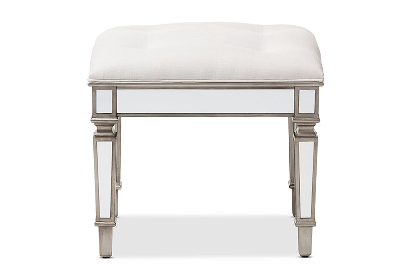 Jana Off White Fabric Upholstered Mirrored Ottoman Vanity Bench Baxton