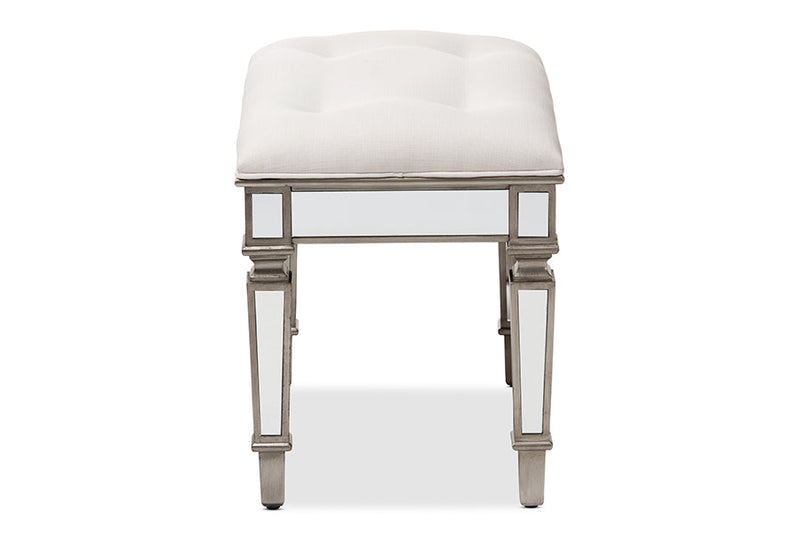 Jana Off White Fabric Upholstered Mirrored Ottoman Vanity Bench Baxton