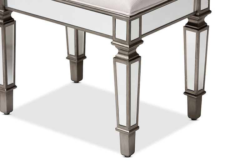 Jana Off White Fabric Upholstered Mirrored Ottoman Vanity Bench Baxton