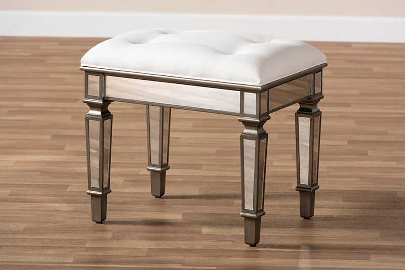 Jana Off White Fabric Upholstered Mirrored Ottoman Vanity Bench Baxton