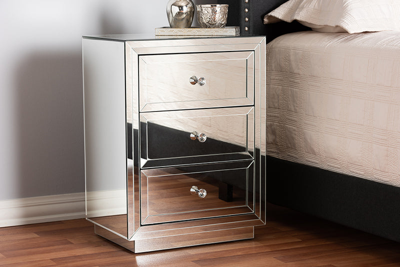 Netti Modern and Contemporary Hollywood Regency Glamour Style Mirrored 3-Drawer End Table 