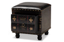 Ulyana Rustic Dark Brown Faux Leather Wood Storage Ottoman w/Book Spine Drawer Baxton