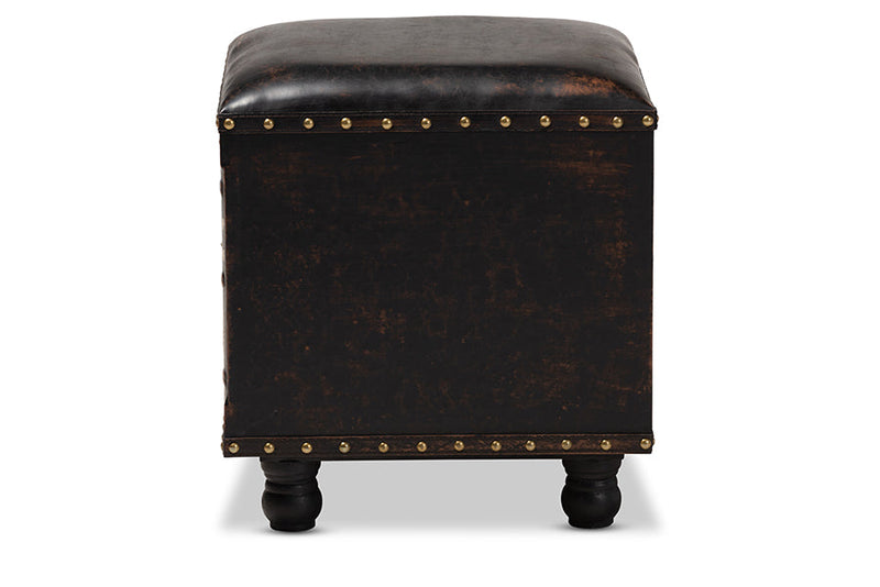 Ulyana Rustic Dark Brown Faux Leather Wood Storage Ottoman w/Book Spine Drawer Baxton