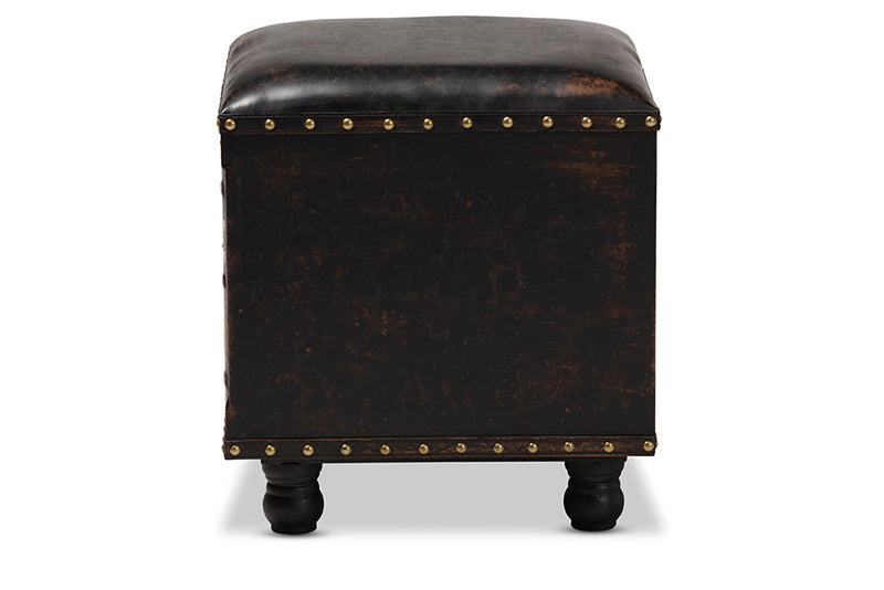 Ulyana Rustic Dark Brown Faux Leather Upholstered Wood Storage Ottoman w/Book Spine Drawer