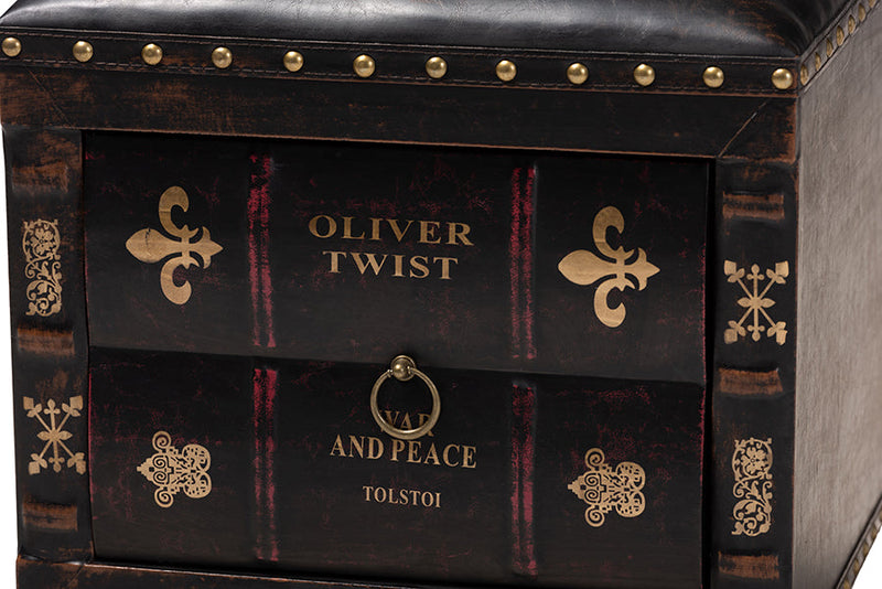 Ulyana Rustic Dark Brown Faux Leather Wood Storage Ottoman w/Book Spine Drawer Baxton