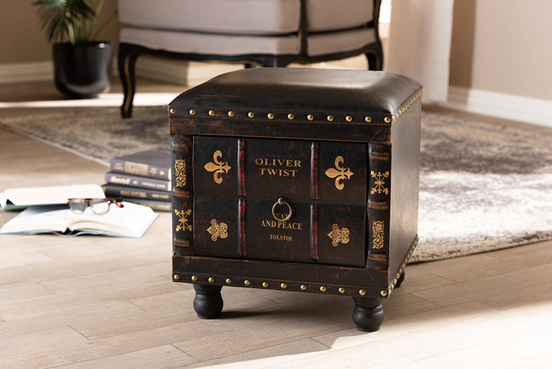 Ulyana Rustic Dark Brown Faux Leather Wood Storage Ottoman w/Book Spine Drawer Baxton