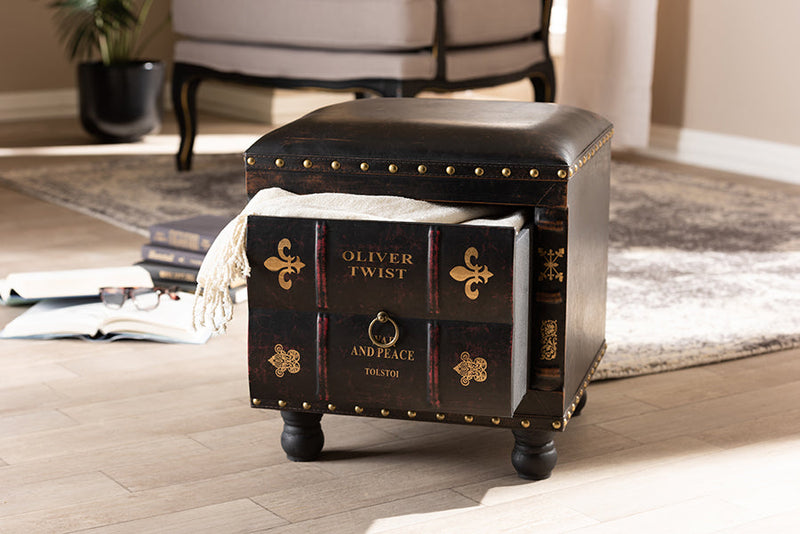 Ulyana Rustic Dark Brown Faux Leather Wood Storage Ottoman w/Book Spine Drawer Baxton