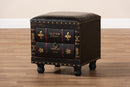 Ulyana Rustic Dark Brown Faux Leather Wood Storage Ottoman w/Book Spine Drawer Baxton