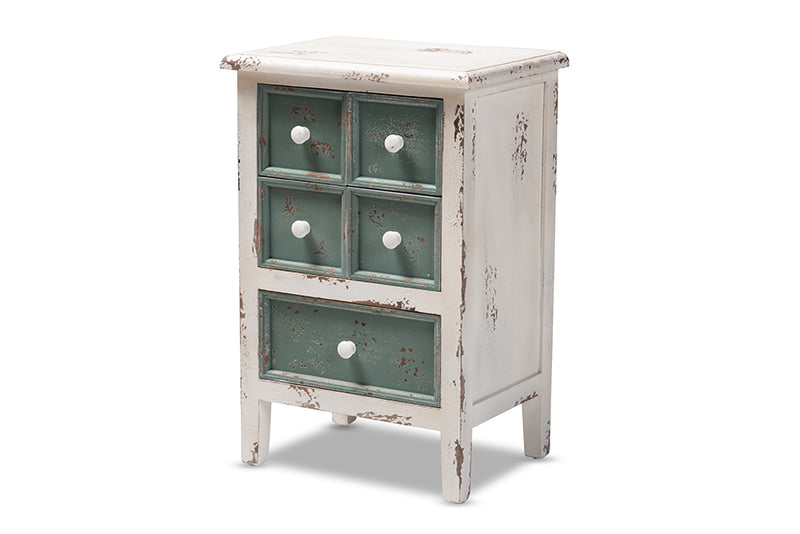 Giuliana Antique French Country Cottage Distressed White and Teal Finished Wood 5-Drawer Storage Cabinet