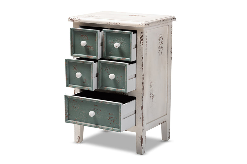 Giuliana Antique French Country Cottage Distressed White and Teal Finished Wood 5-Drawer Storage Cabinet