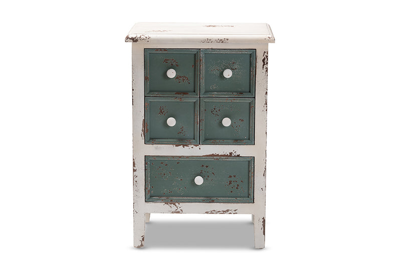 Giuliana Antique French Country Cottage Distressed White and Teal Finished Wood 5-Drawer Storage Cabinet