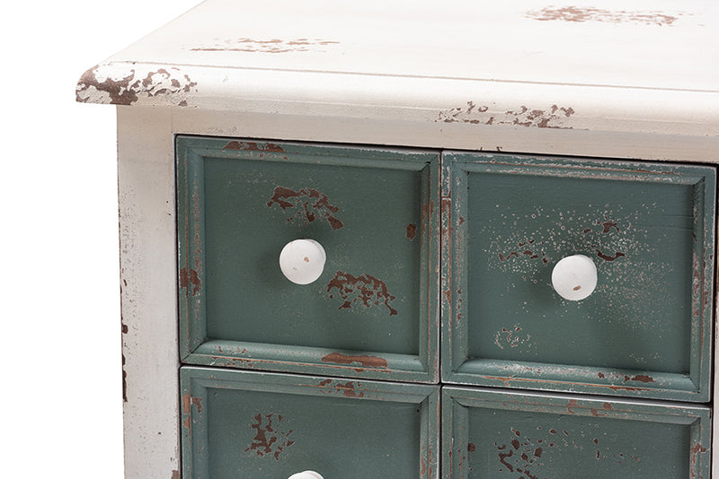Giuliana Antique French Country Cottage Distressed White and Teal Finished Wood 5-Drawer Storage Cabinet