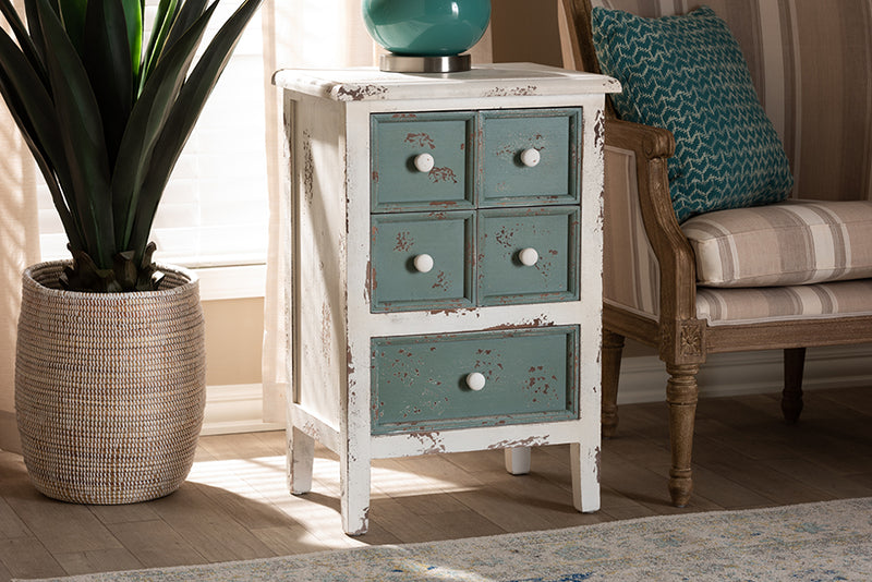 Giuliana Antique French Country Cottage Distressed White and Teal Finished Wood 5-Drawer Storage Cabinet