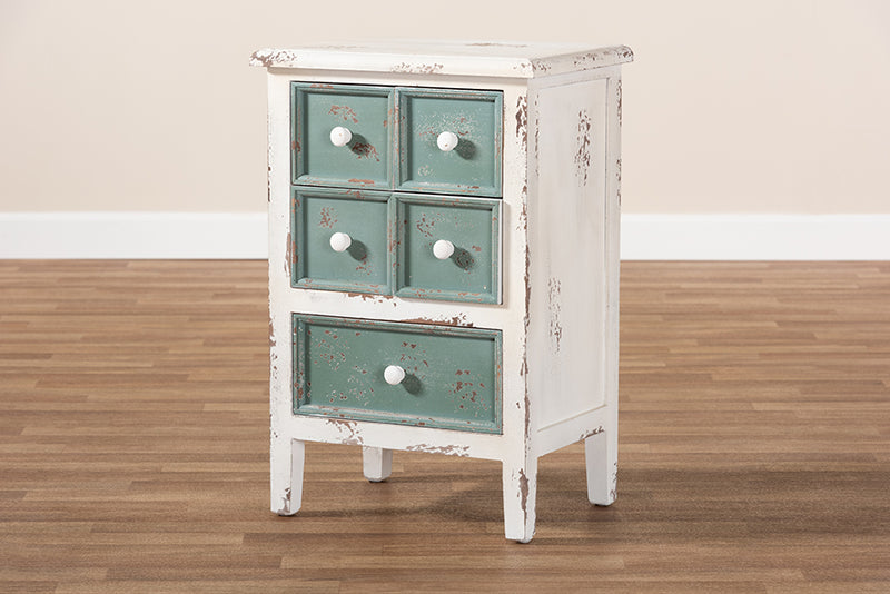 Giuliana Antique French Country Cottage Distressed White and Teal Finished Wood 5-Drawer Storage Cabinet