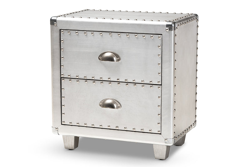 Mari French Industrial Silver Metal 2-Drawer End Table