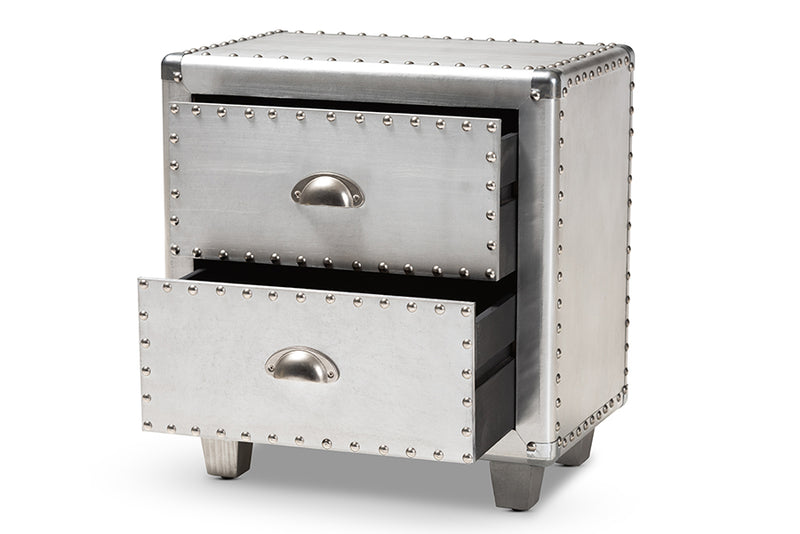 Mari French Industrial Silver Metal 2-Drawer End Table