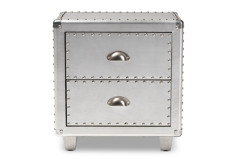 Mari French Industrial Silver Metal 2-Drawer End Table