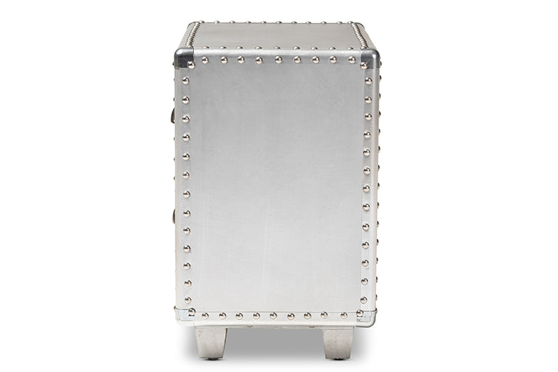 Mari French Industrial Silver Metal 2-Drawer End Table