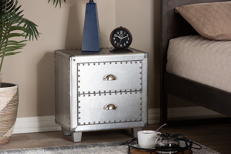 Mari French Industrial Silver Metal 2-Drawer End Table