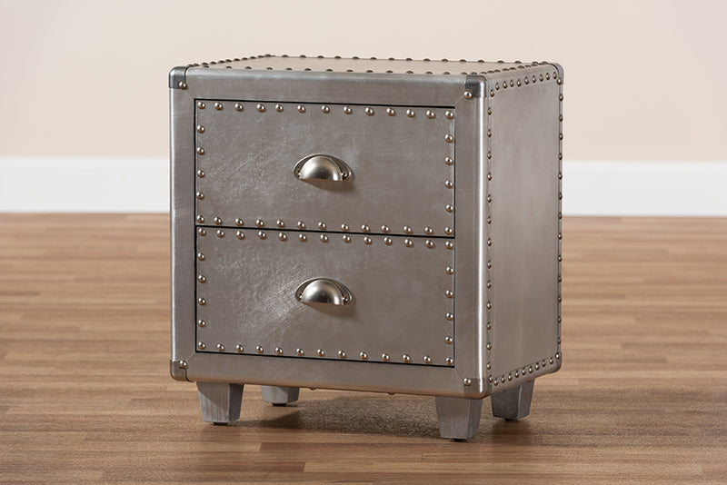 Mari French Industrial Silver Metal 2-Drawer End Table