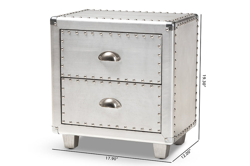 Mari French Industrial Silver Metal 2-Drawer End Table