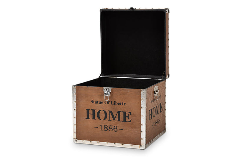 Pomme Industrial Beige Fabric Upholstered Wood Storage Trunk Ottoman Baxton