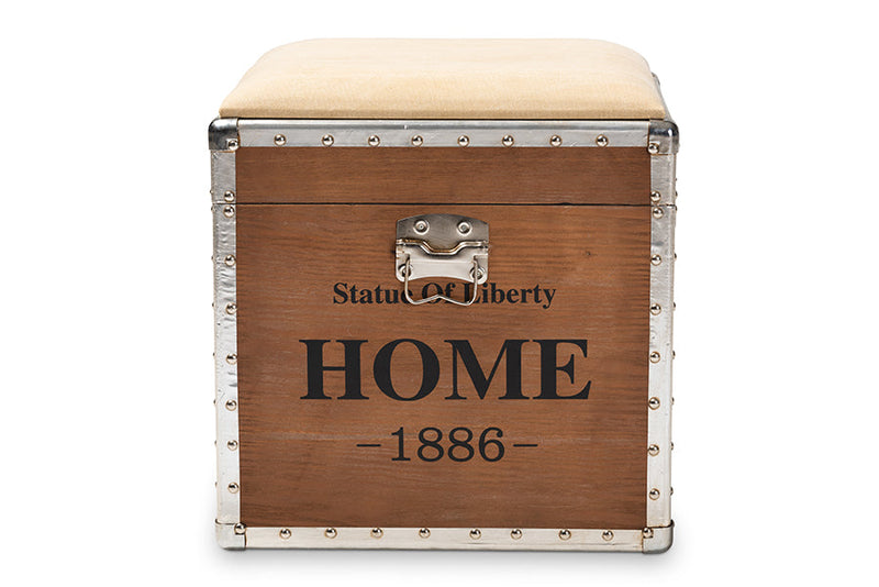 Pomme Industrial Beige Fabric Upholstered Wood Storage Trunk Ottoman Baxton