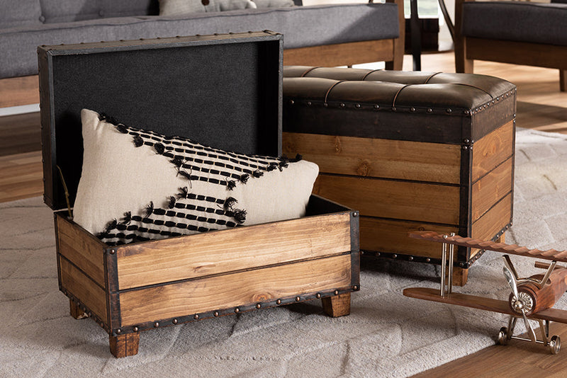 Sennet Rustic Dark Brown Faux Leather 2Pc Wood Storage Trunk Ottoman Set Baxton