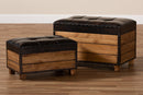 Sennet Rustic Dark Brown Faux Leather 2Pc Wood Storage Trunk Ottoman Set Baxton